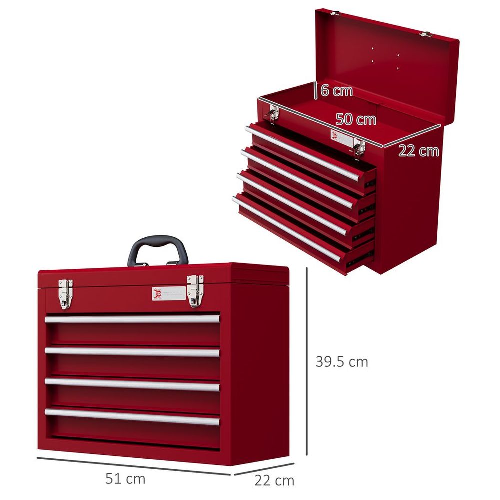 Lockable 4 Drawer Tool Chest with Ball Bearing Slide Drawers Red