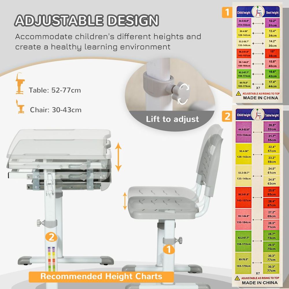 Adjustable Tiltable Kids Desk & Chair Set w/ Drawer, Pen Slot, Hook
