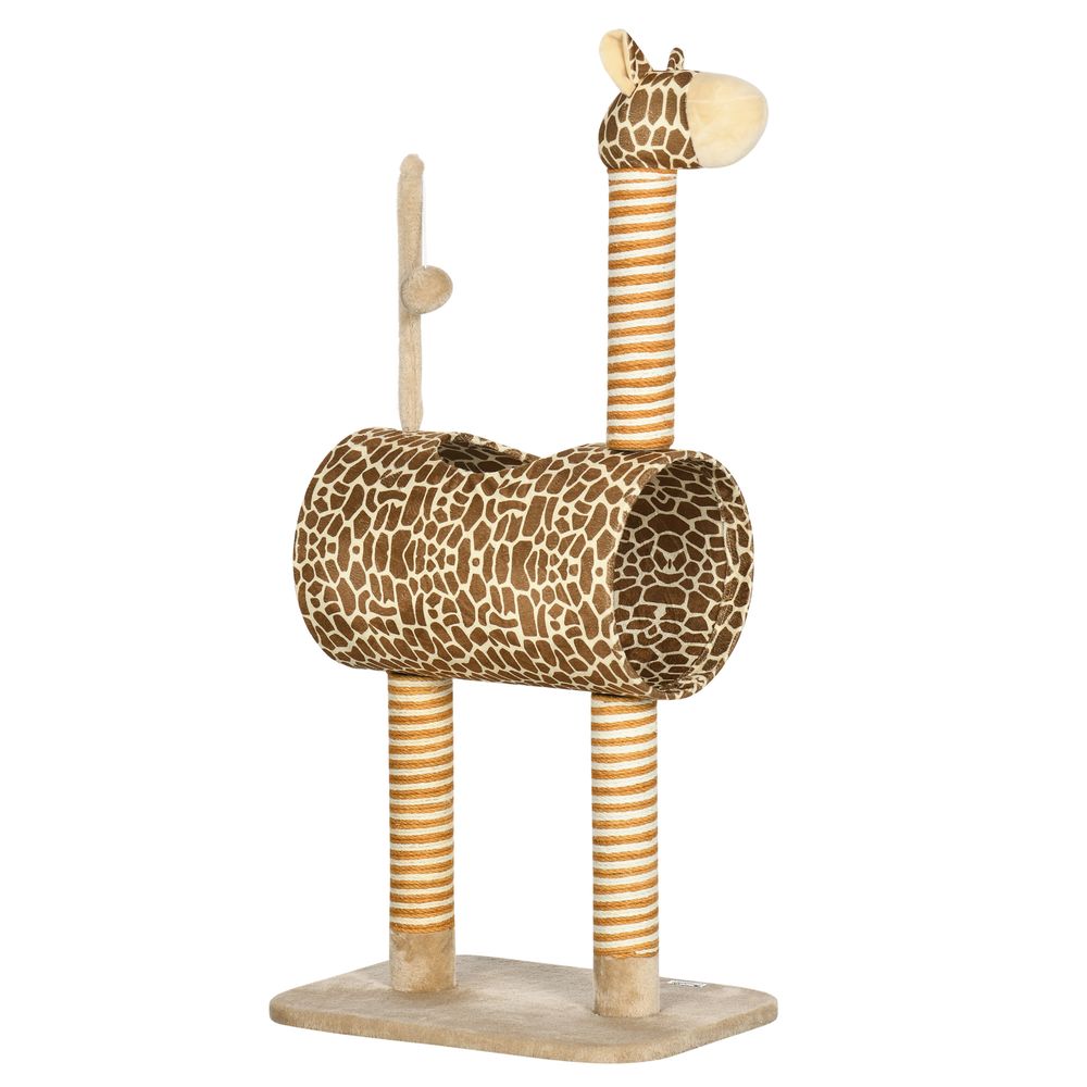 Cat Tree for Indoor Cats Cute Giraffe Kitten Play Tower w/Scratching Posts, Tunnel, Toy Ball, 48.5 x 34.5 x 101cm - Beige