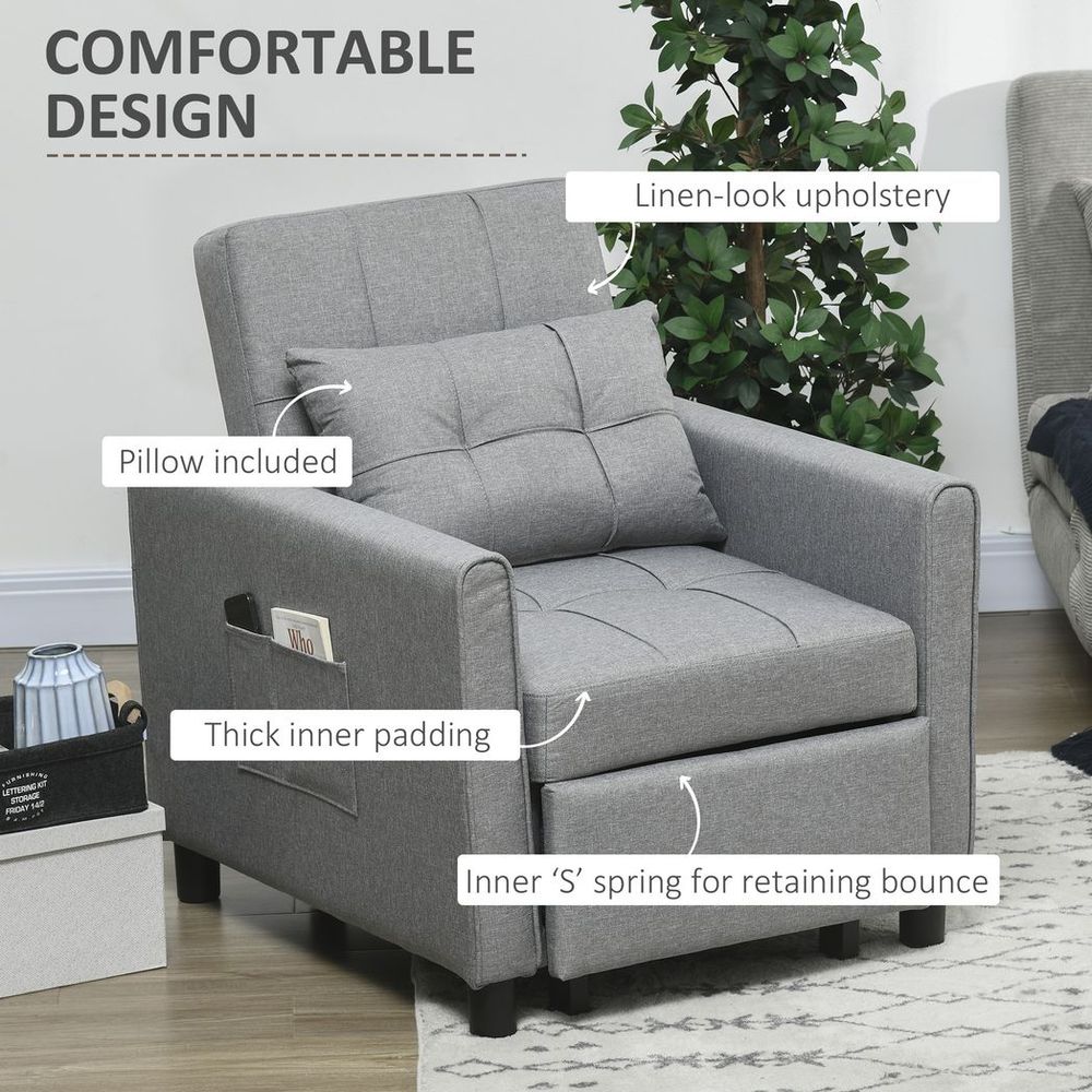 Pull Out Chair Bed, Sleeper Chair with Pillow, Side Pockets, Light Grey - Comfortable, Convenient, Space-Saving