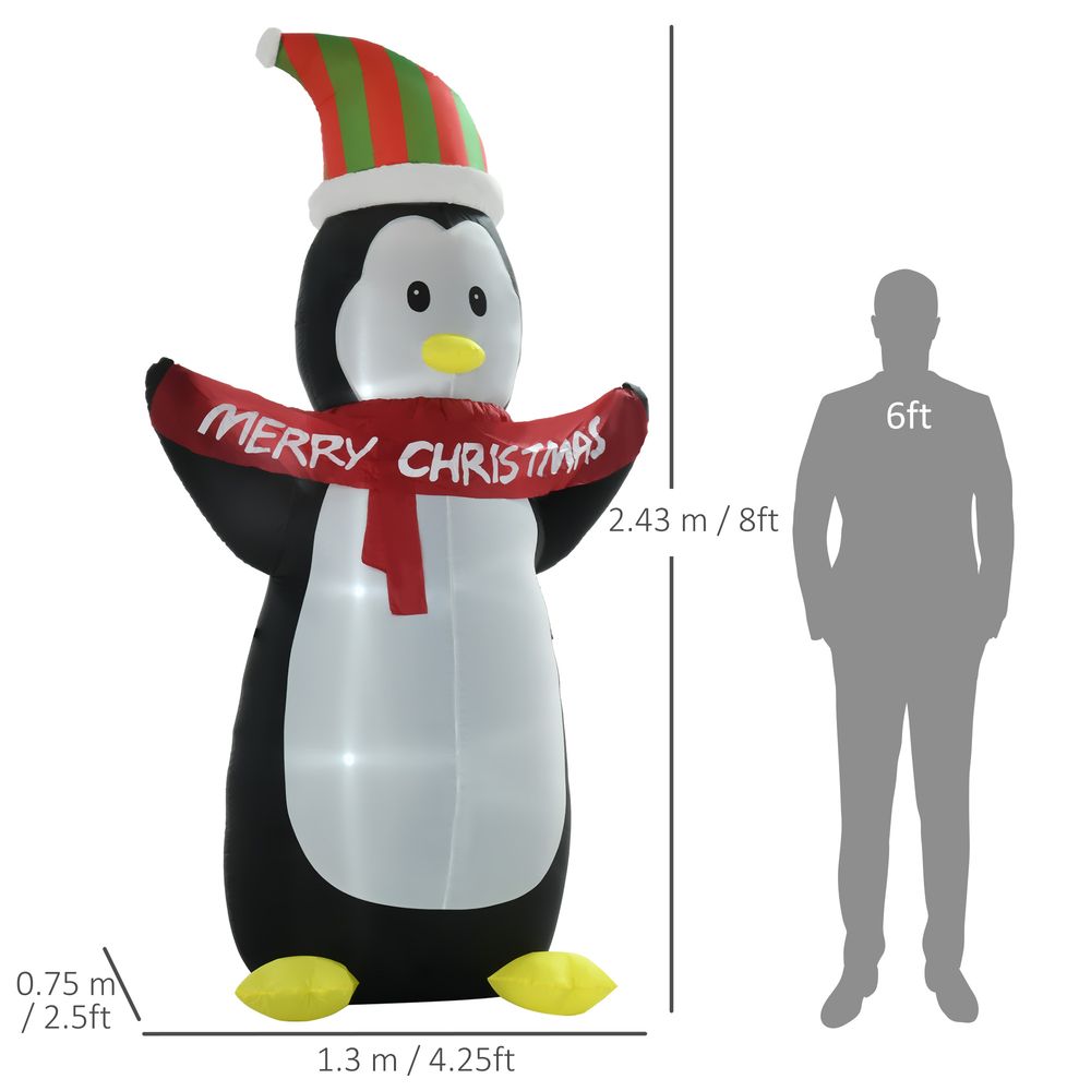 8ft Inflatable Penguin & Christmas Banner Decoration w/Inner LED Lights Indoor Outdoor Weather-Resistant Shell Fun Cute