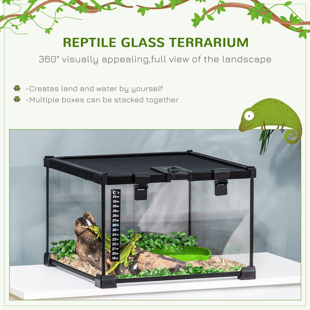 Glass Reptile Terrarium Insect Breeding Tank Vivarium Habitats with Thermometer for Lizards, Horned Frogs, Snakes, Spiders - Small 30 x 30 x 20cm