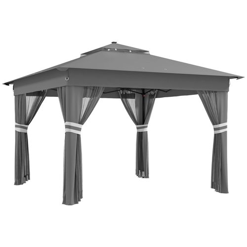 3x3(m) Pop Up Gazebo w/ Solar-Powered LED Lights Curtain Netting Grey