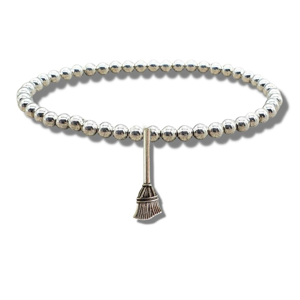 Broom Charm Silver Beaded Bracelet - Cleaning Inspired Jewelry - Ideal Gift for Women & Girls - Ships in a Gift Box