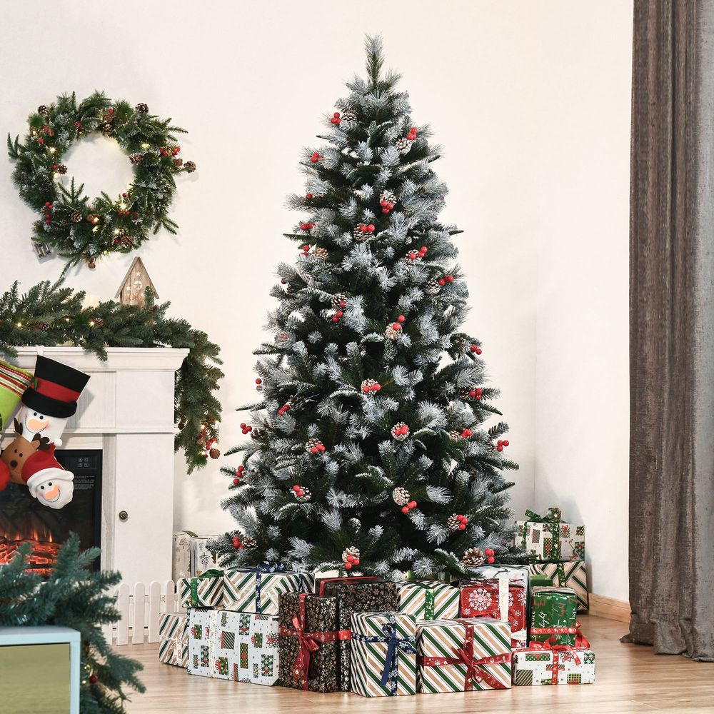 6FT Artificial Snow-Dipped Christmas Tree Foldable Berries White Pinecones Green