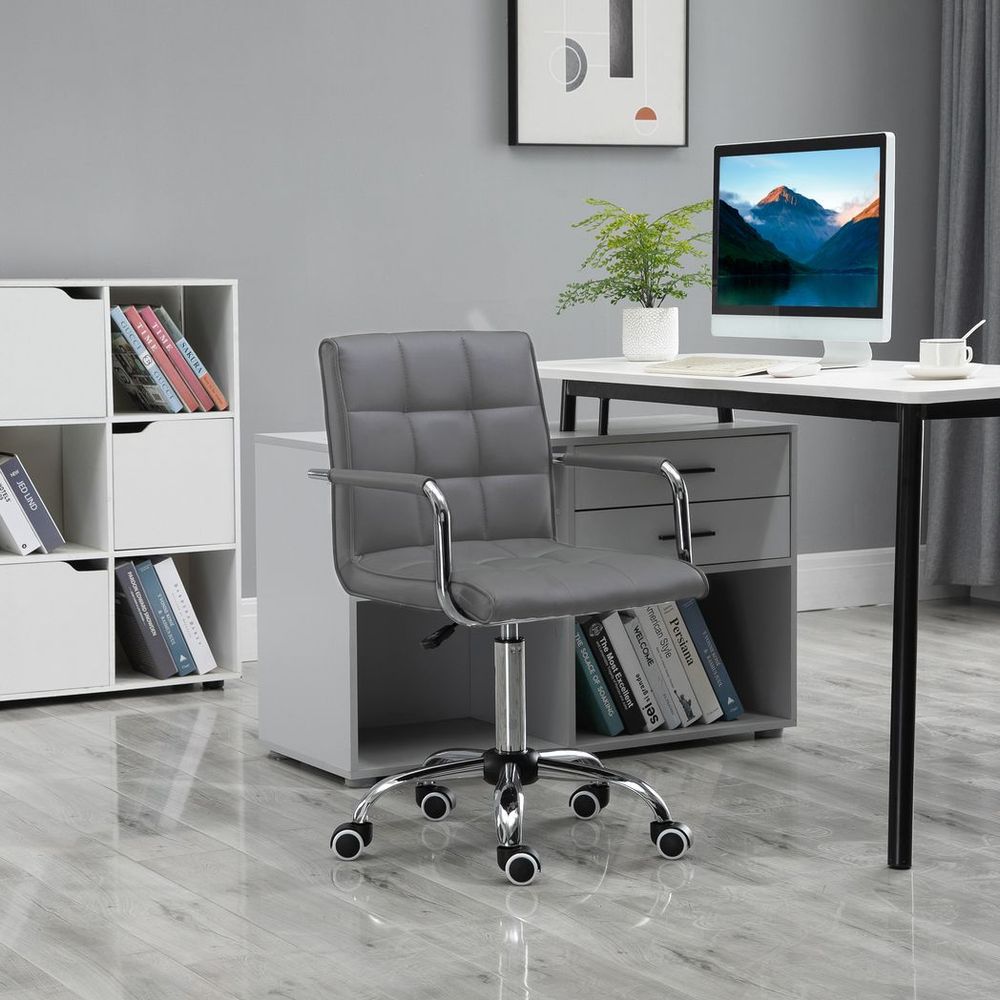 Comfortable Mid Back Swivel Home Office Chair - Grey PU Leather, Arm & Wheel
