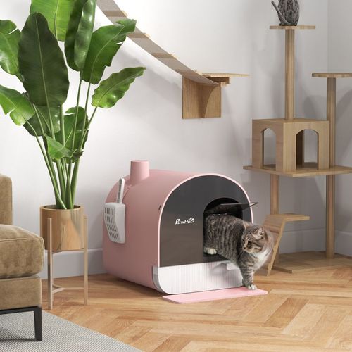 Cat Litter Box Kitten Litter Tray w/ Lid, Scoop, Filter, Flap Door, Pink