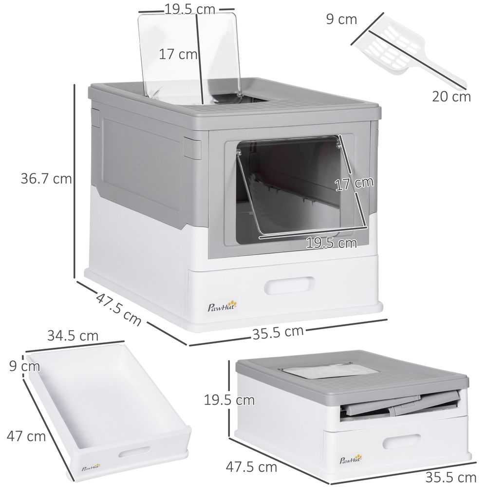 Hooded Cat Litter Box with Scoop - Portable, Privacy, Grey