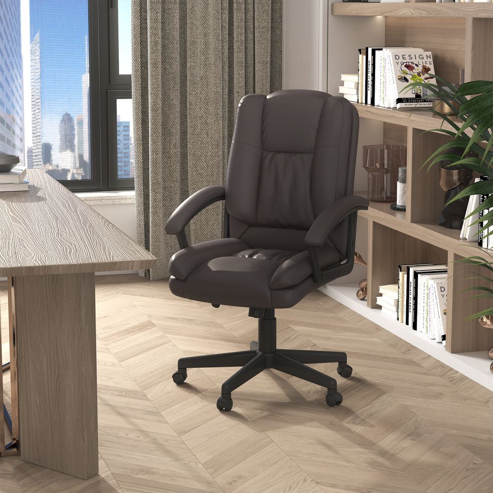 Office Chair, Faux Leather Computer Desk Chair, Mid Back Executive Chair with Adjustable Height and Swivel Rolling Wheels for Home Study, Brown