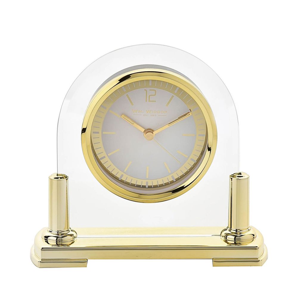 Wm.Widdop Glass Mantel Clock - 2 Tone Dial - Gold Stand