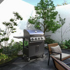 4 Burner Gas Grill Portable BBQ Trolley w/ 4 Wheels and Side Shelves