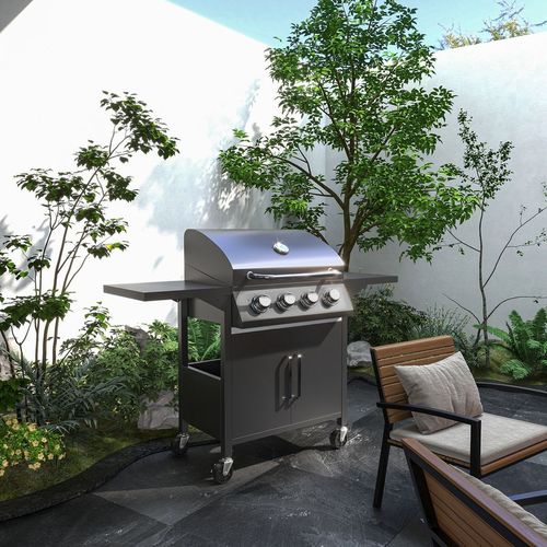 4 Burner Gas Grill Portable BBQ Trolley w/ 4 Wheels and Side Shelves