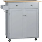 Rolling Kitchen Cart with Rubber Wood Top, Towel Rack, Hooks and Drawers Grey