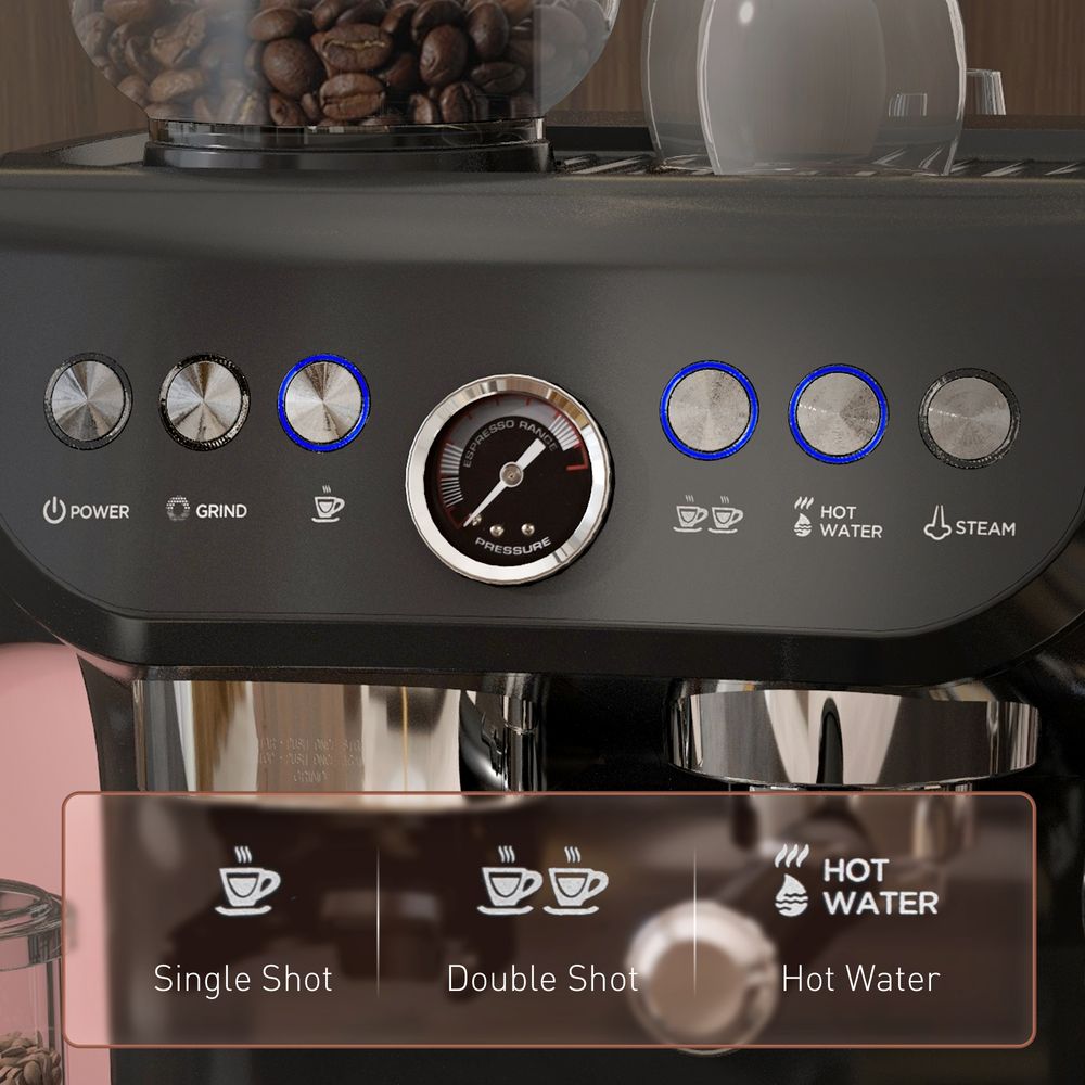 Espresso Machine w/ Integrated Grinder & Steam Wand - 15 Bar Pressure - Professional Quality