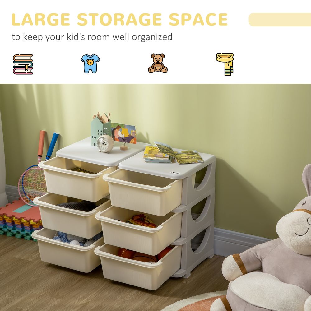 Kids Storage Units with 6 Drawers 3 Tier Chest Vertical Dresser Tower Toy Organizer for Nursery Playroom Kindergarten Cream