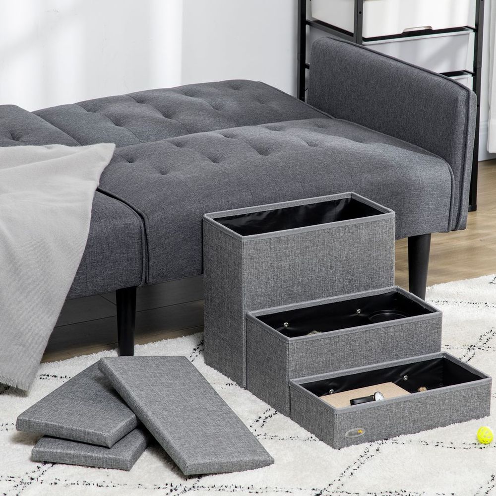 3 Step Dog Steps with Storage Boxes, Cat Stairs for Bed Sofa, Light Grey in Grey