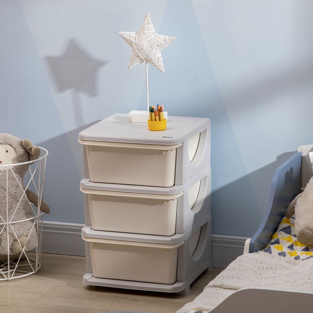 Kids Storage Units with 3 Drawers 3 Tier Chest Vertical Dresser Tower Toy Organizer for Nursery Playroom Kindergarten Cream