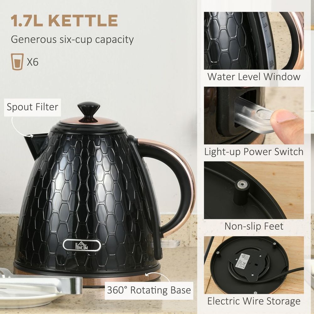 1.7L Kettle & Toaster Set - Defrost, Reheat, Crumb Tray - Black