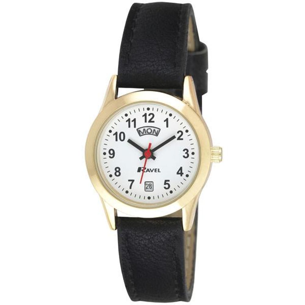 Gilt Day/Date Womens Watch - Classic Dial, Bold Hands, Croco Pattern Strap
