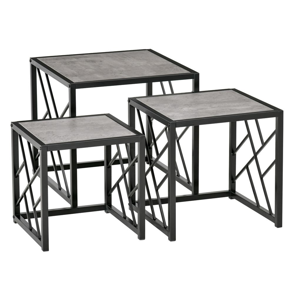 Nesting Coffee Tables, Set of 3 Square Side Tables with Black Metal Frame, for Living Room, Bedroom and Office, Grey