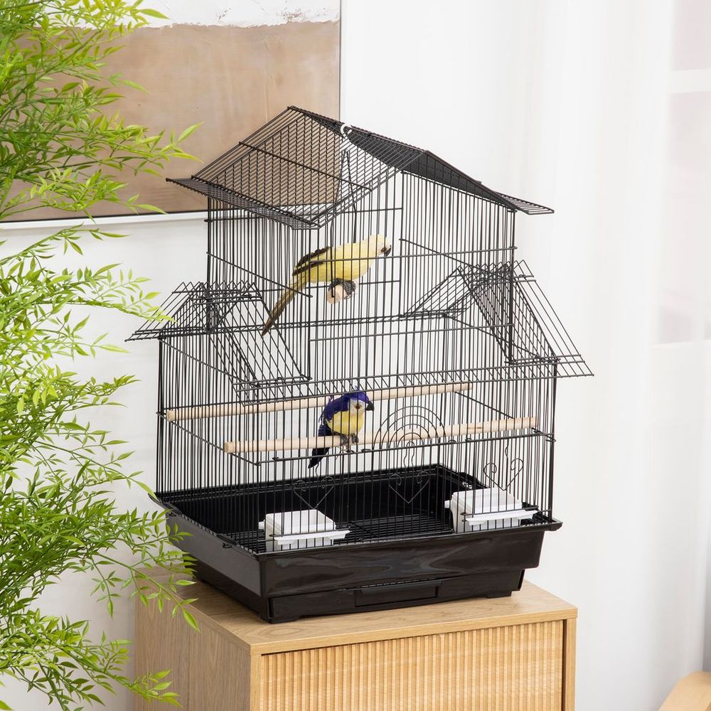 Metal Bird Cage w/ Plastic Perch & Food Container - 50.5x40x63cm - Black