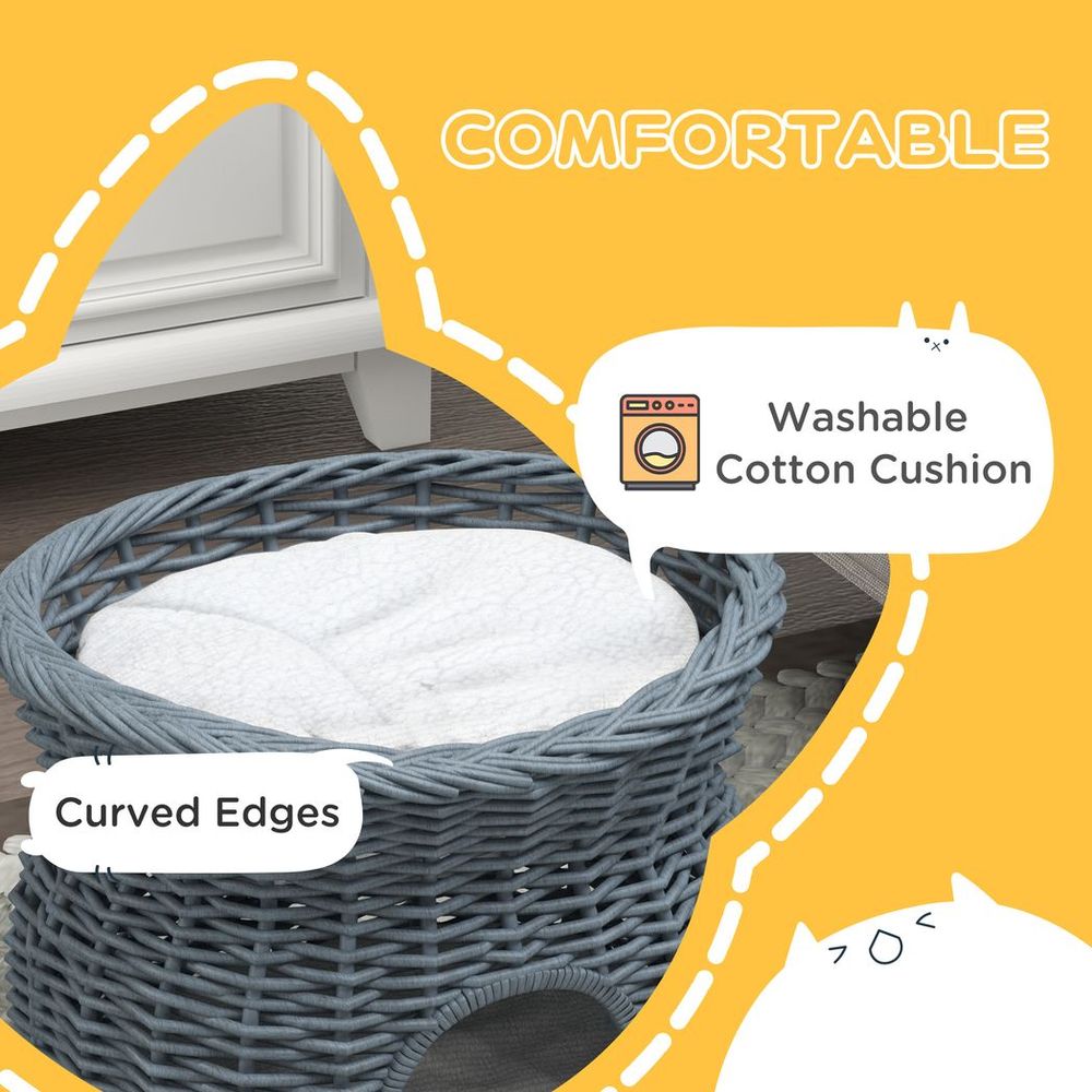 2-Tier Elevated Pet Cushion Bed Basket Willow Cat Tree House Condo Kennel