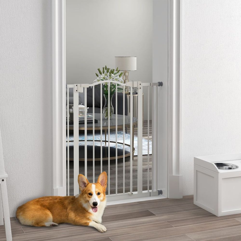 Adjustable Metal Pet Gate - Keep Pets Safe - Auto-Close Door - White