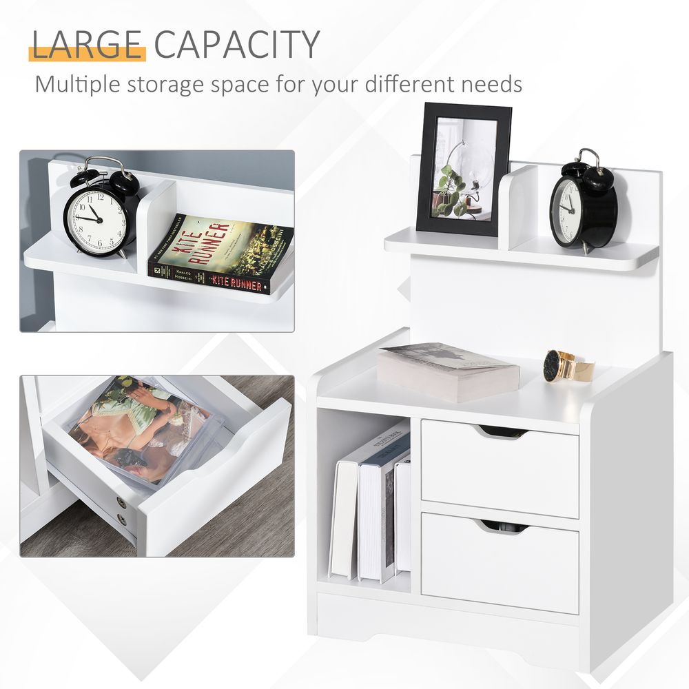 Bedside Table, Small Bedside Cabinet with 2 Drawers and Storage Shelves, Accent Table for Living Room, Bedroom, White