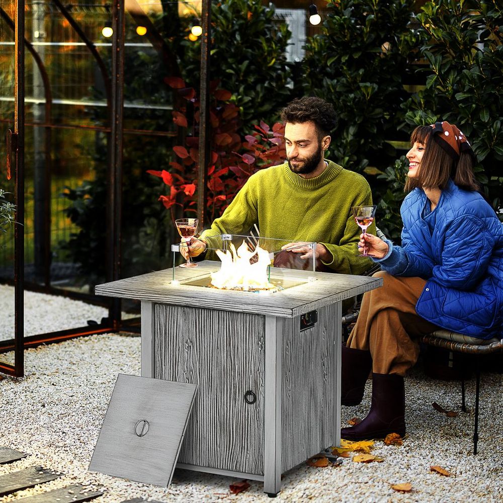 Gas Fire Pit Table - 40,000 BTU Burner, Cover, Glass Screen - Grey