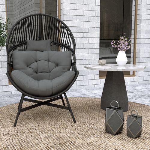 Standing Rattan Garden Egg Chair with Headrest, Charcoal Grey