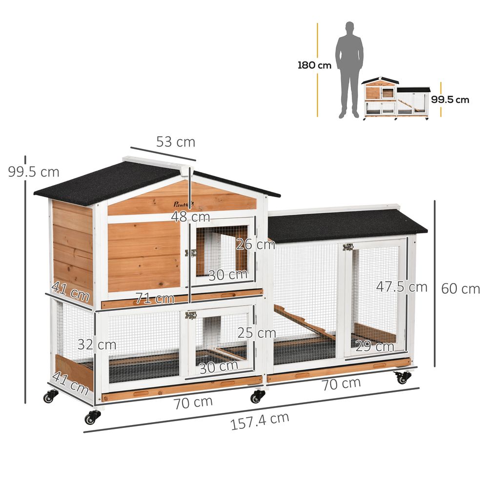 Rabbit Hutch Outdoor with Run Guinea Hutch 2-Tier Bunny Cage w/Wheels No-Leak Plastic Tray 157.4 x 53 x 99.5 cm - Yellow