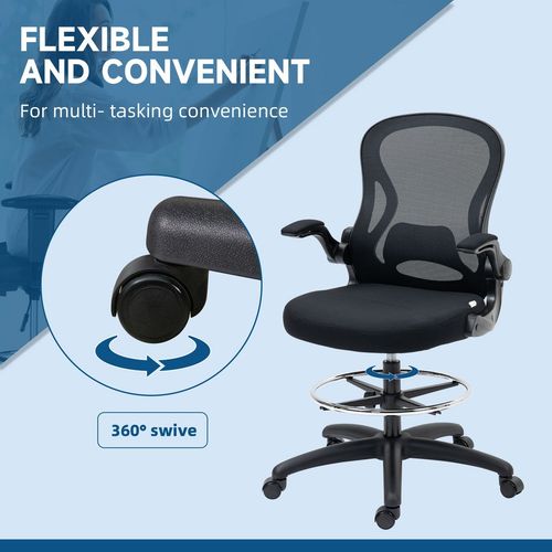 Draughtsman Chair Tall Office Chair w/ Adjustable Footrest Ring Black