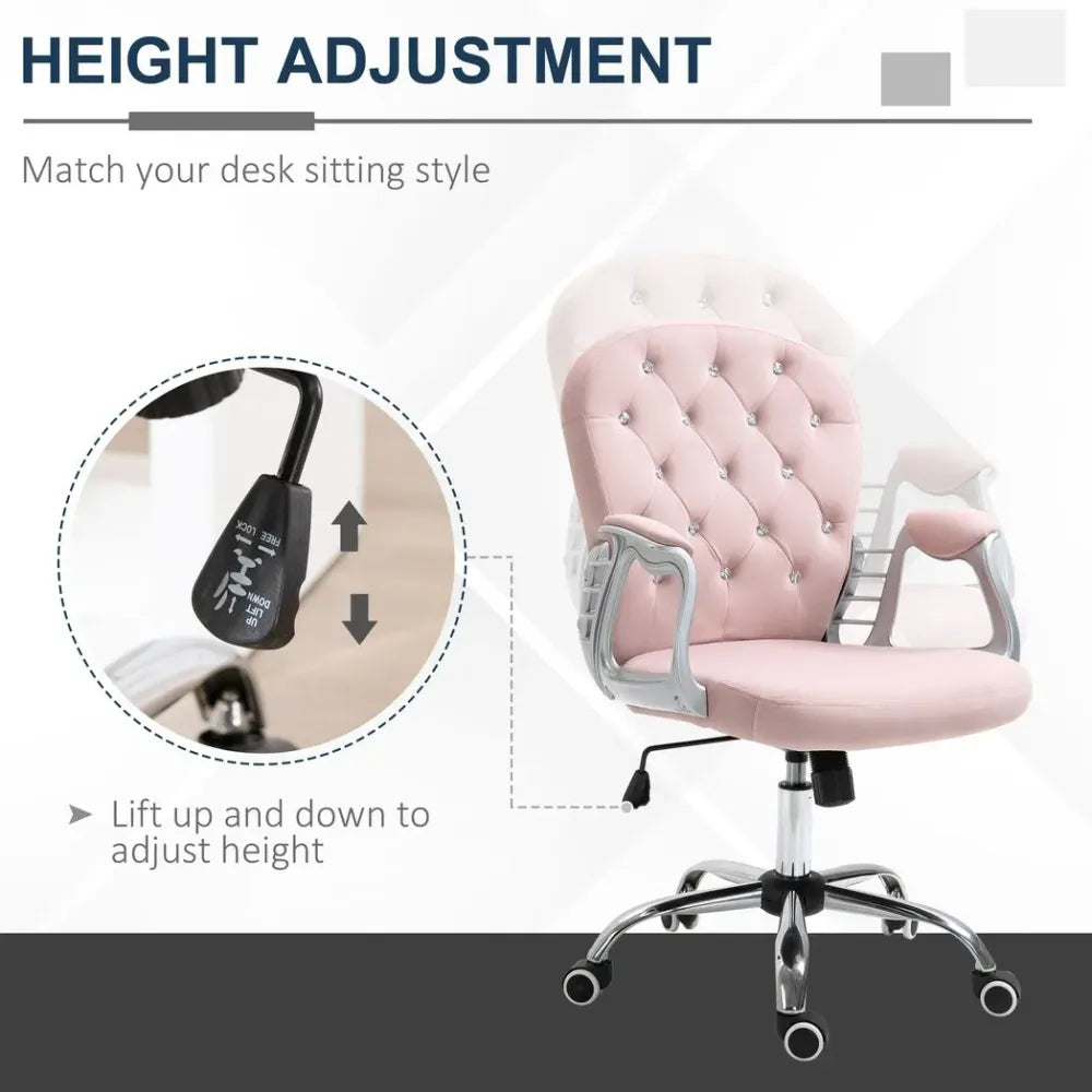 Luxury Pink Diamond Tufted Office Chair - Ergonomic, Padded, Swivel