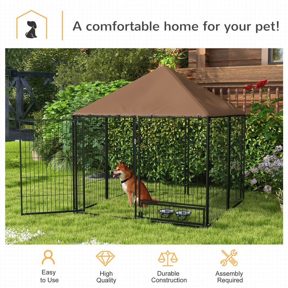 Outdoor Dog House Kennel: Canopy Top, Secure Lock, and Rotating Bowl Holder