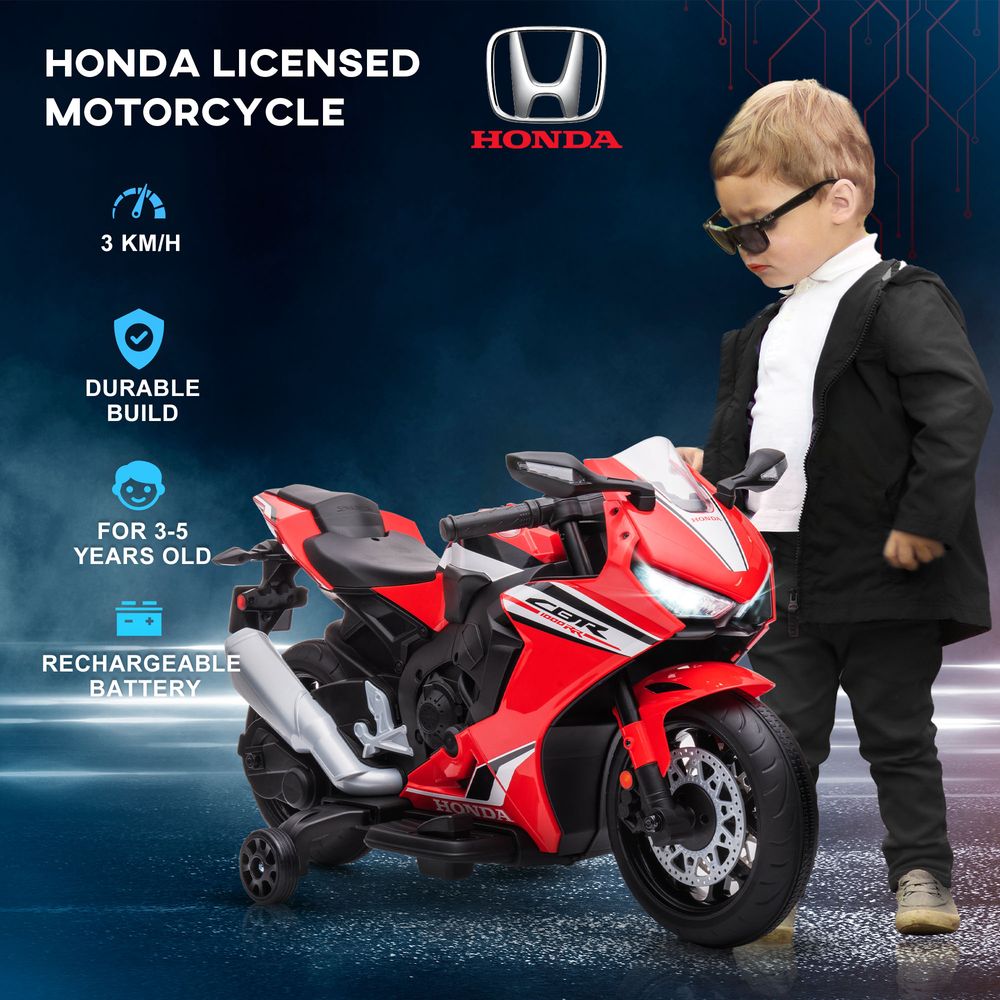 Honda Licensed 6V Kids Electric Motorbike Ride On Motorcycle Vehicle w/Headlights, Music, Training Wheels, for Ages 3-5 Years Red 3-5 Years Red