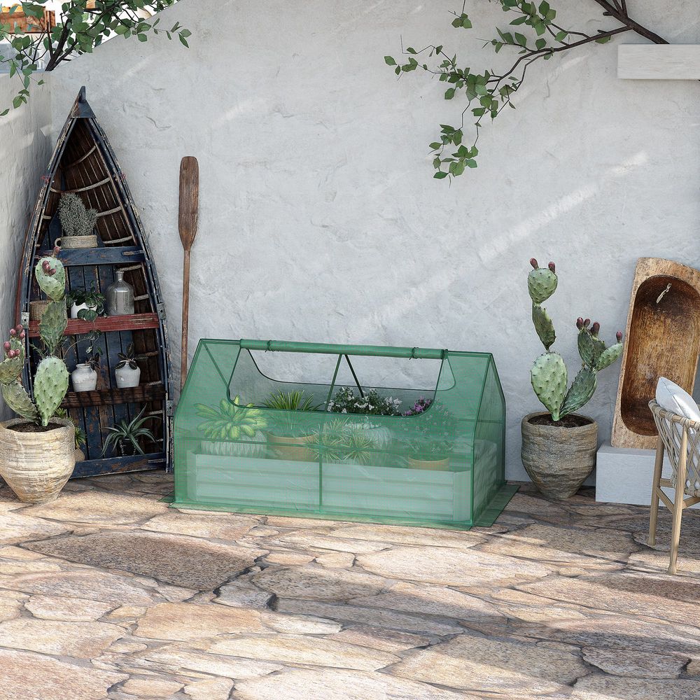 Raised Garden Bed Planter Box with Greenhouse, Large Window, Green