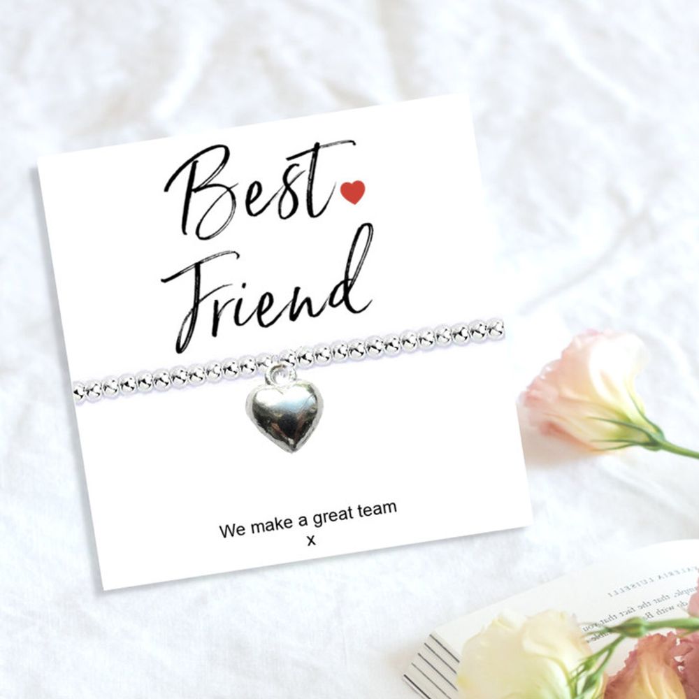 Best Friend Stretch Bracelet & Message Card - Silver Plated Beaded Charm - Birthday, Christmas Gift
