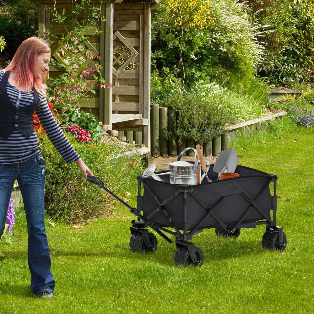 Outdoor Pull Along Garden Trolley on Wheels Folding Beach Cart Black