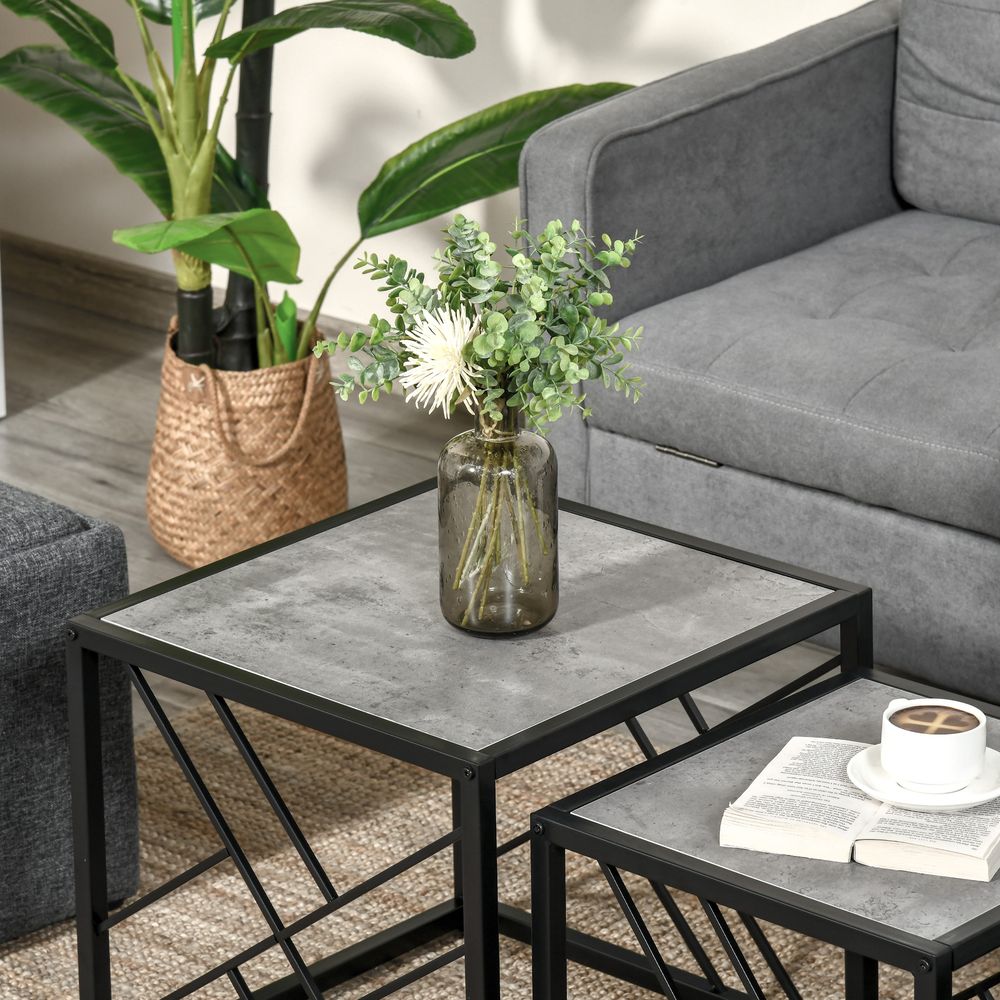 Nesting Coffee Tables, Set of 3 Square Side Tables with Black Metal Frame, for Living Room, Bedroom and Office, Grey
