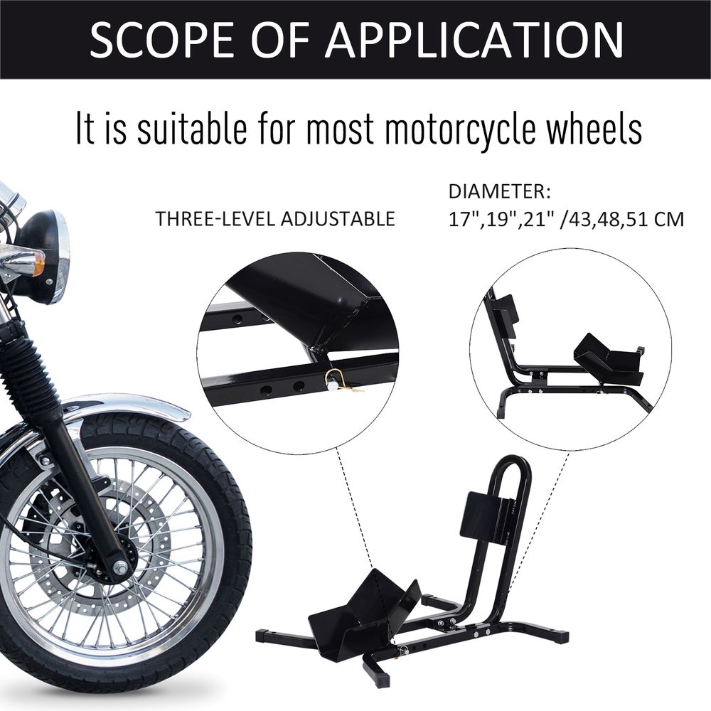Metal Motorcycle Wheel Chock Holder - Pre-Drilled Holes - Adjustable - 17"-21" Tires - Rubber Caps