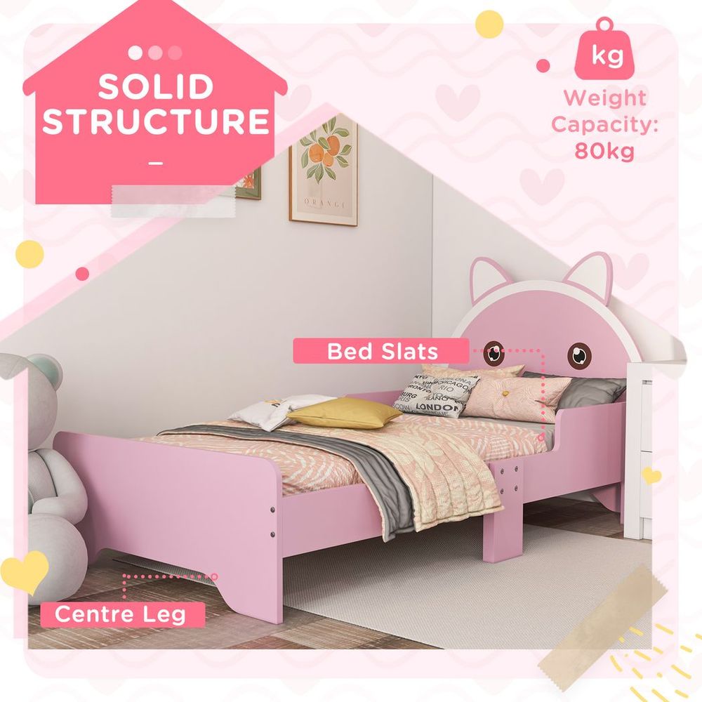 Toddler Bed Frame Cat Design Kids Bed with Guardrails - Pink