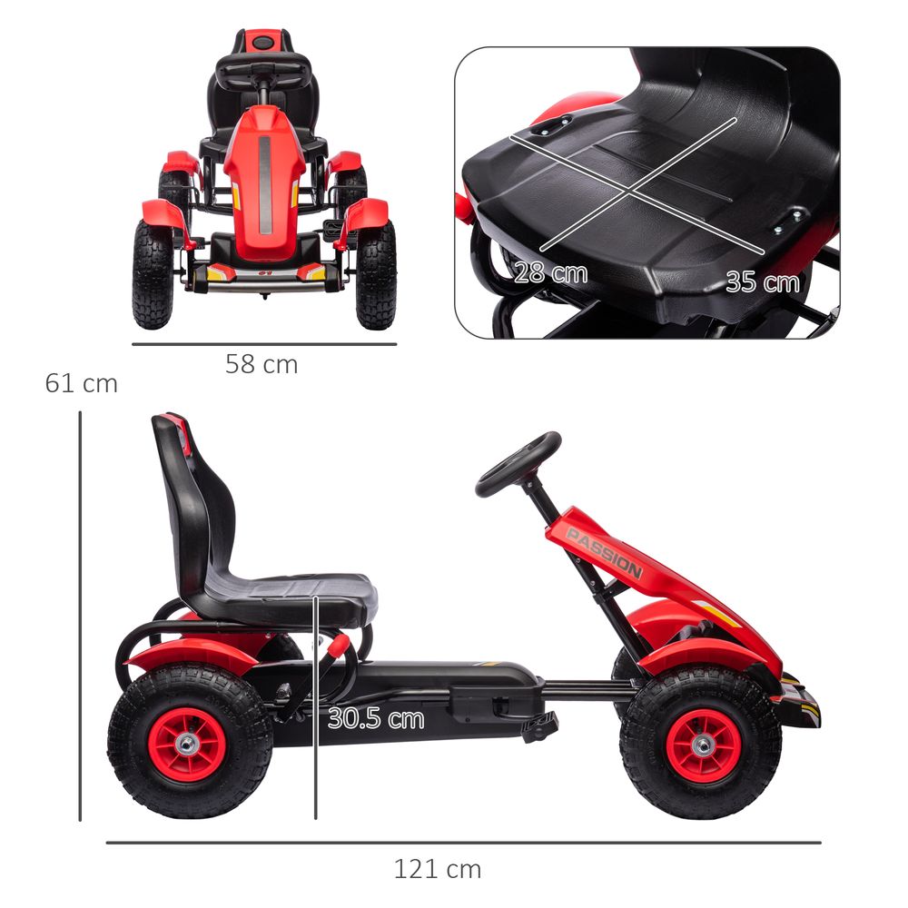Kids Pedal Go Kart - Adjustable Seat, Inflatable Tyres, Handbrake - Red