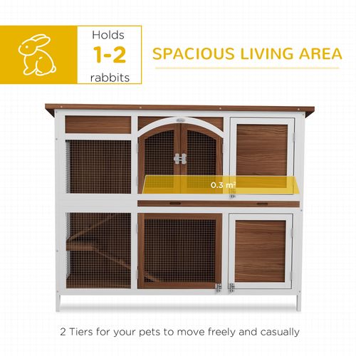 Two-Tier Wooden Rabbit Hutch w/ Openable Roof, Slide-Out Tray, Ramp