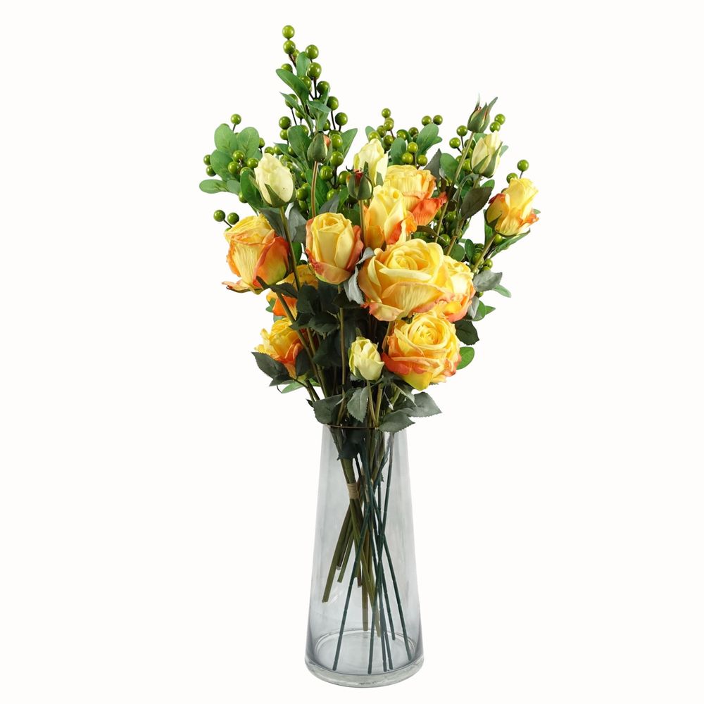 60cm Yellow Rose Artificial Flowers with Glass Vase