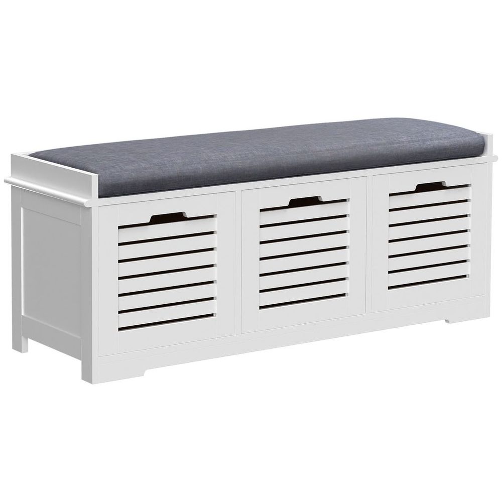 3-Door Shoe Storage Bench Cushion Seat Slatted Doors Elevated Base White