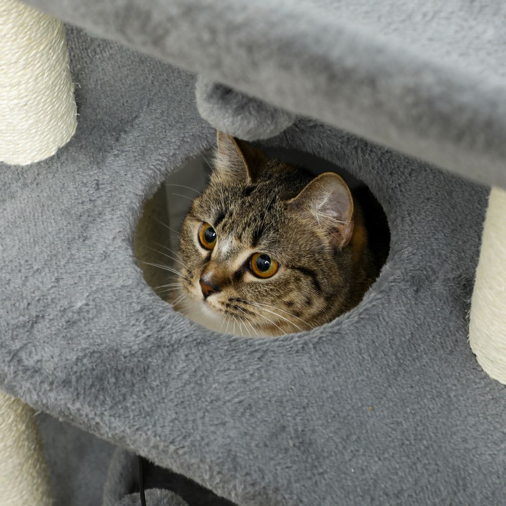 Indoor Cat Tree Tower: Scratching Posts, Pad, Light Grey, Toy Ball - Easy Assembly