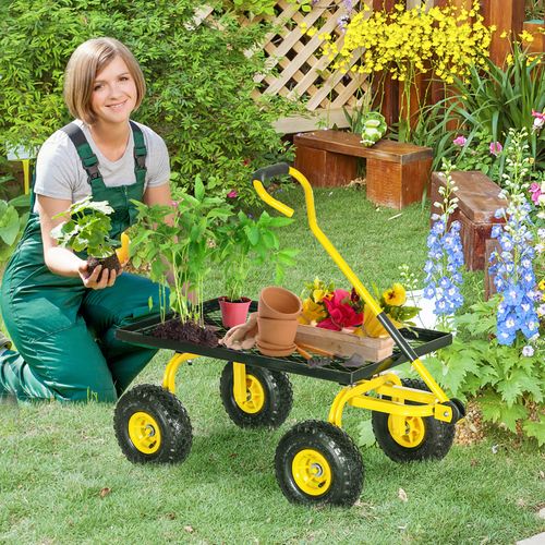 Garden Trolley Cart with Pneumatic Wheels and Rotating Handle, Yellow