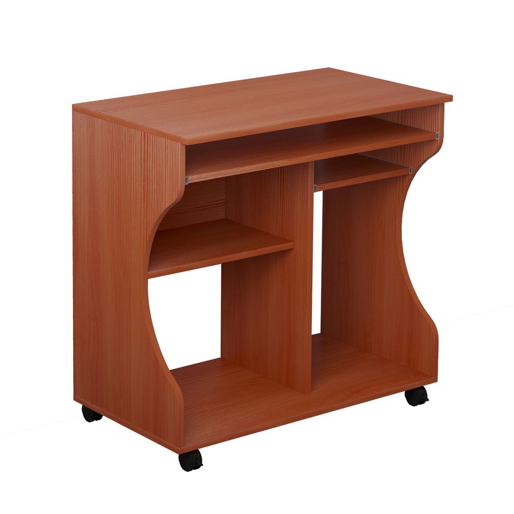 Portable Computer Desk with Storage Shelf - Wheels - Cherry Wood
