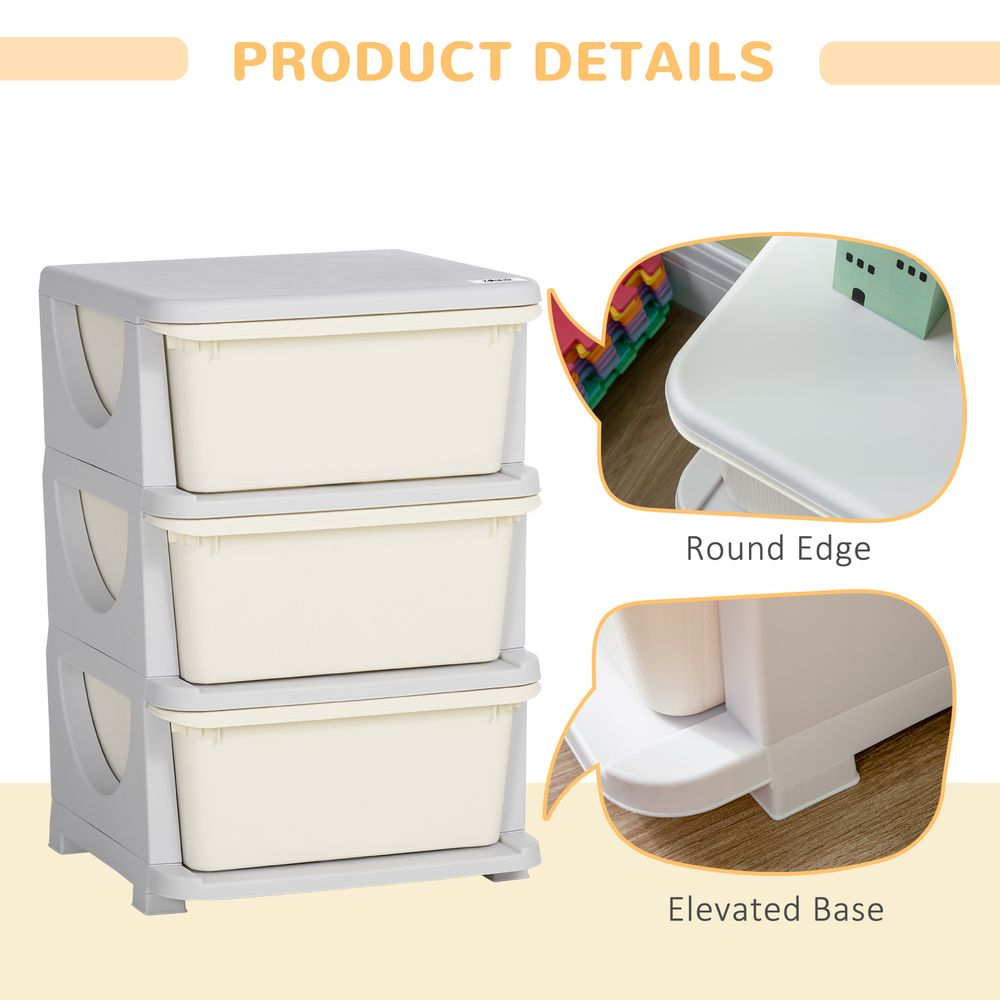 Kids Storage Units with 3 Drawers 3 Tier Chest Vertical Dresser Tower Toy Organizer for Nursery Playroom Kindergarten Cream