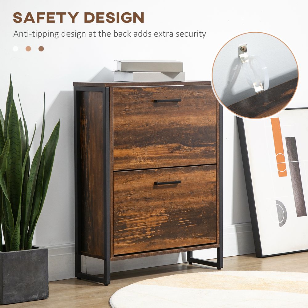 Rustic Brown Shoe Cabinet - 2 Flip Door, Divider, Entryway